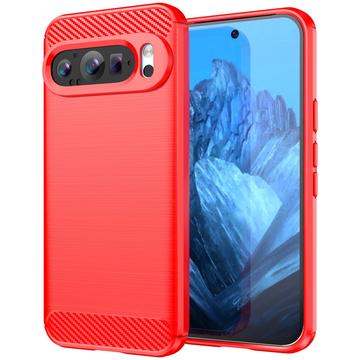 Google Pixel 9/9 Pro Børstet TPU Cover - Karbonfiber - Rød
