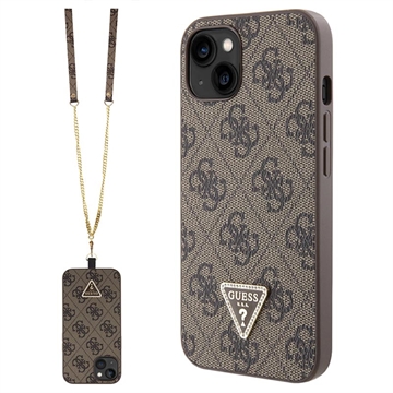 iPhone 15 Guess 4G Strass Triangle Metal Logo Cover med Crossbody Rem - Brun
