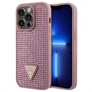 iPhone 15 Pro Guess Rhinestones Triangle Metal Logo Cover - Pink