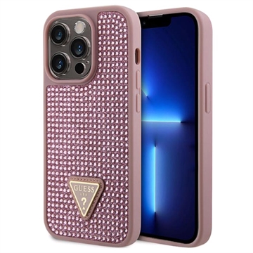 iPhone 15 Pro Guess Rhinestones Triangle Metal Logo Cover - Pink