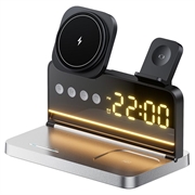 HT-568 3-i-1 magnetisk trådløs oplader med vækkeur og bordlampe - sort