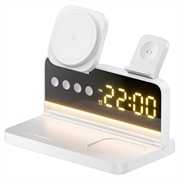HT-568 3-i-1 magnetisk trådløs oplader med vækkeur og bordlampe - hvid