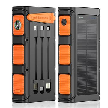 Solcelledrevet powerbank med håndsving, 30000mAh, med SOS-alarm, kompas og lommelygte - orange / sort