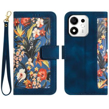 Honor 600 Smart Blomstret pung etui med plads til kort - mørkeblå