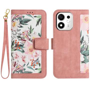 Honor 600 Smart Blomstret pung etui med kortholdere - pink