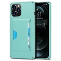 iPhone 12/12 Pro Hybrid Cover med Kortholder - Karbonfiber - Grøn