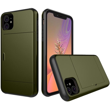 iPhone 11 Hybrid Cover med Glidende Kortslot - Army Grøn