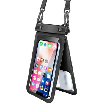 IPX8 vandtæt PVC-telefonpose til mobiltelefoner under 9,5 tommer med to lag og forseglet tør taske med strop - sort
