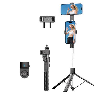 K50 dobbelt telefonklips Bluetooth selfiestangstativ med fjernbetjening - Sort