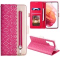 Lace Pattern Samsung Galaxy S22 Ultra 5G Etui med Pung - Hot Pink