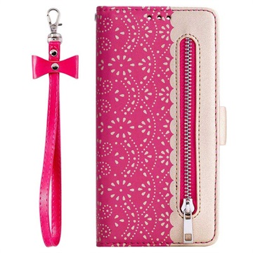 Lace Pattern Samsung Galaxy A20s Etui med Pung - Hot Pink