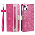 Lace Pattern iPhone 14 Etui med Pung - Hot Pink
