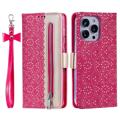 Lace Pattern iPhone 14 Pro Max Etui med Pung - Hot Pink