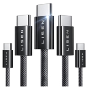 Lisen flettet USB-C til USB-C kabelsæt - 60W, 3A, 5 stk. - Sort