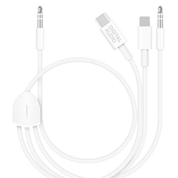 MH045S 3-i-1 AUX Bilkabel – USB-C, Lightning & 3.5mm Jack – Hvid