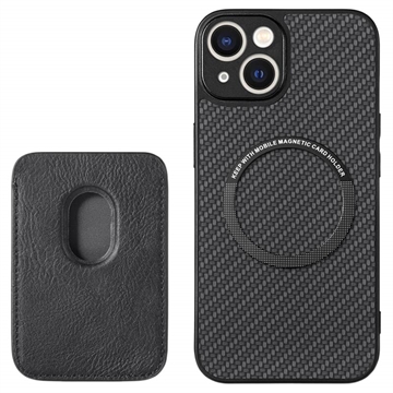 iPhone 15 Magnetisk Cover med Kortholder - Karbonfiber - Sort