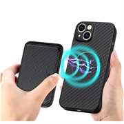iPhone 15 Magnetisk Cover med Kortholder - Karbonfiber - Sort