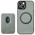 iPhone 15 Magnetisk Cover med Kortholder - Karbonfiber - Grøn