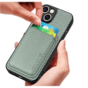 iPhone 15 Magnetisk Cover med Kortholder - Karbonfiber - Grøn