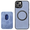 iPhone 15 Plus Magnetisk Cover med Kortholder - Karbonfiber - Blå