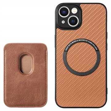 iPhone 15 Plus Magnetisk Cover med Kortholder - Karbonfiber - Brun