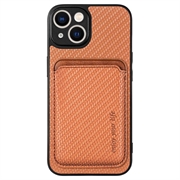 iPhone 15 Plus Magnetisk Cover med Kortholder - Karbonfiber - Brun