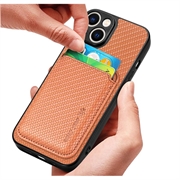 iPhone 15 Plus Magnetisk Cover med Kortholder - Karbonfiber - Brun
