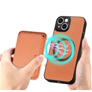 iPhone 15 Plus Magnetisk Cover med Kortholder - Karbonfiber - Brun