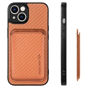 iPhone 15 Plus Magnetisk Cover med Kortholder - Karbonfiber - Brun