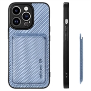 iPhone 15 Pro Magnetisk Cover med Kortholder - Karbonfiber - Blå