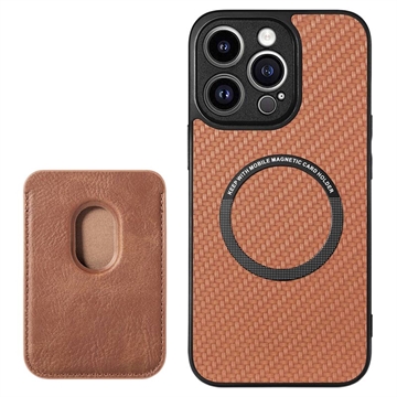iPhone 15 Pro Magnetisk Cover med Kortholder - Karbonfiber - Brun