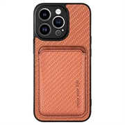 iPhone 15 Pro Magnetisk Cover med Kortholder - Karbonfiber - Brun