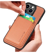 iPhone 15 Pro Magnetisk Cover med Kortholder - Karbonfiber - Brun