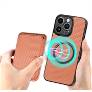 iPhone 15 Pro Magnetisk Cover med Kortholder - Karbonfiber - Brun