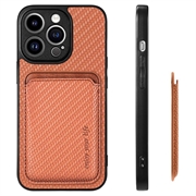 iPhone 15 Pro Magnetisk Cover med Kortholder - Karbonfiber - Brun