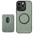 iPhone 15 Pro Magnetisk Cover med Kortholder - Karbonfiber - Grøn