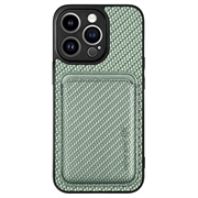 iPhone 15 Pro Magnetisk Cover med Kortholder - Karbonfiber - Grøn
