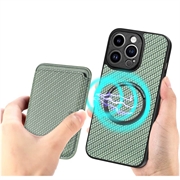 iPhone 15 Pro Magnetisk Cover med Kortholder - Karbonfiber - Grøn