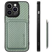 iPhone 15 Pro Magnetisk Cover med Kortholder - Karbonfiber - Grøn
