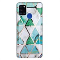Marble Pattern Electroplated IMD Samsung Galaxy A21s TPU Cover - Hvid / Cyan