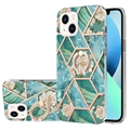 iPhone 15 Marble Pattern IMD TPU Cover med Ring Holder - Grøn