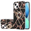 iPhone 15 Plus Marble Pattern IMD TPU Cover med Ring Holder - Sort