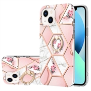iPhone 15 Plus Marble Pattern IMD TPU Cover med Ring Holder - Pink / Hvid