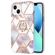 iPhone 15 Plus Marble Pattern IMD TPU Cover med Ring Holder - Lilla / Hvid
