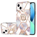 iPhone 15 Marble Pattern IMD TPU Cover med Ring Holder - Lilla / Hvid