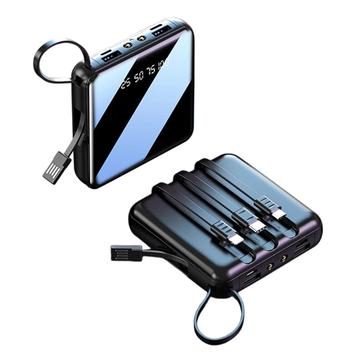 Mini-powerbank 10000mAh med 2 USB-porte samt Lightning-, USB-C- og MicroUSB-kabler – sort