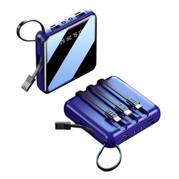 Mini-powerbank 10000mAh med 2 USB-porte samt Lightning-, USB-C- og MicroUSB-kabler – blå
