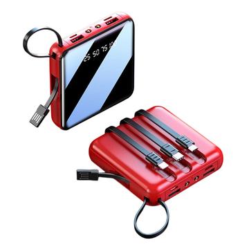 Mini-powerbank 10000mAh med 2 USB-porte samt Lightning-, USB-C- og MicroUSB-kabler - rød