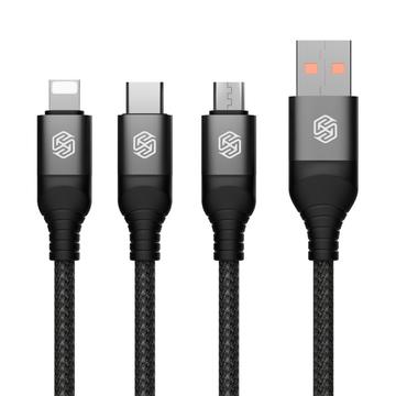 NILLKIN Swift Pro 3-i-1-kabel med nylonfletning USB til Type-C / iP / Micro opladningsledning - sort