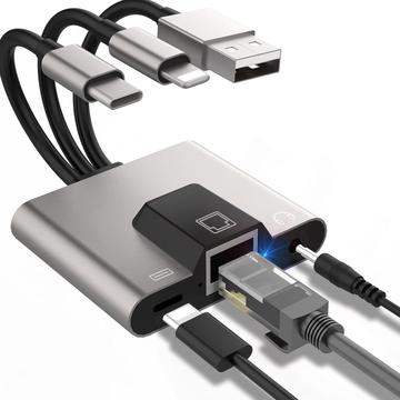 NK-1056S 3-i-1 Ethernet-adapter - USB-C, USB-A & Lightning med 3,5 mm lyd til Windows, Mac, iPhone & iPad